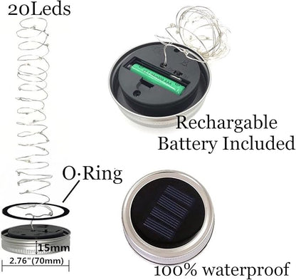 Solar Mason Jar Lid String Lights, 8 Pack 20 Led String Fairy Star Firefly Jar Lids Lights with 8 Hangers Included (Jars Not Included), for Mason Jar Patio Garden Wedding Lantern