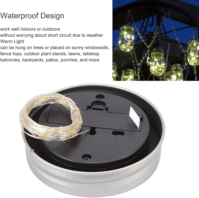 Solar Mason Jar Lid, 20 LED 6.6 Feet Waterproof Fairy Star Firefly Jar Cap String Lights Cap for Mason Jar Patio Garden Wedding Lantern