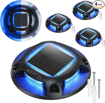 AGPTEK Solar Driveway Lights Outdoor 4 Pack, 2 Color Modes LED Deck Dock Marine Waterproof Security Marker Lights for Step Sidewalk Stair Garden Pathway Walkway Yard(Blue Light/Cool White, Black)