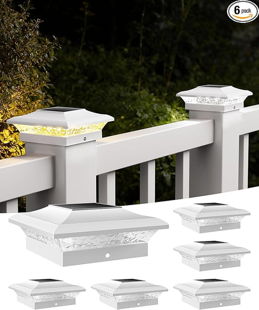 T-SUN 4x4 Post Cap Lights 6 Pack for Vinyl/Wooden Fence,Outdoor Waterproof Warm & Cool White, Deck Solar Post Lights for Patio Garden Yard Lighting