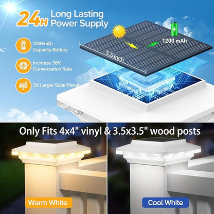 4x4 Solar Post Cap Lights Upgraded, Brighter and Extended Beam to Light Post Fence Deck with Warm/White Lights, Waterproof Outdoor Posts Solar Lights for Patio Porch Vinyl/Wooden Posts 8 Pack