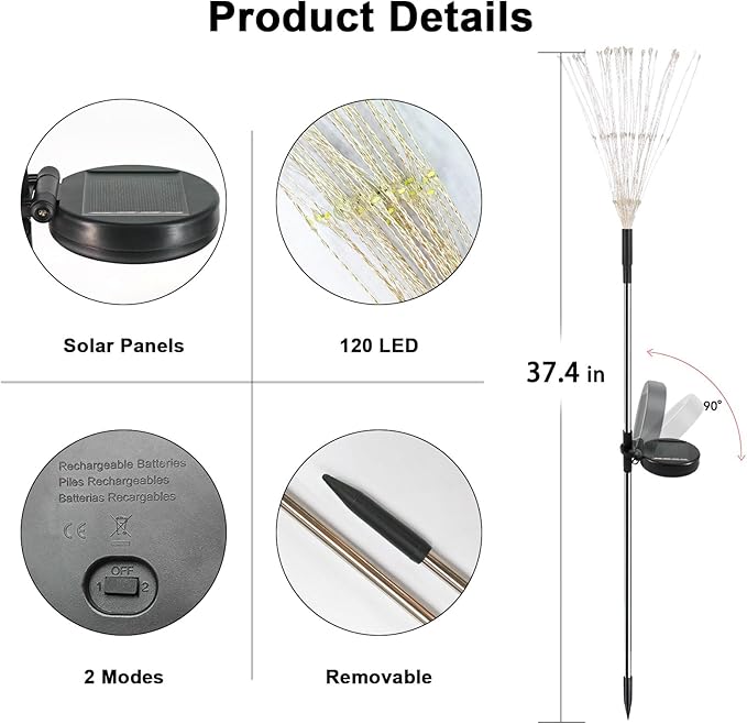Solar Garden Lights Outdoor, 6 Pack 120 LED Twinkling Firework Lights Decorative with 2 Modes, Outdoor Waterproof Solar Starburst Light for Outside Yard Pathway Garden Decor, Warm White