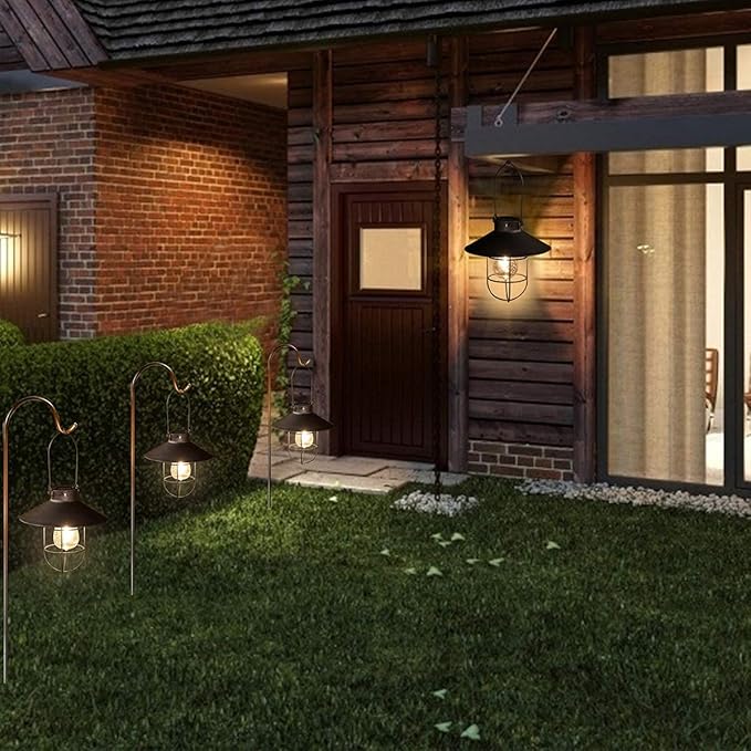 pearlstar Solar Lantern Outdoor Hanging Light Metal Solar Lamp with Warm White Edison Bulb Design for Garden Yard Patio Proch Decor(Black)