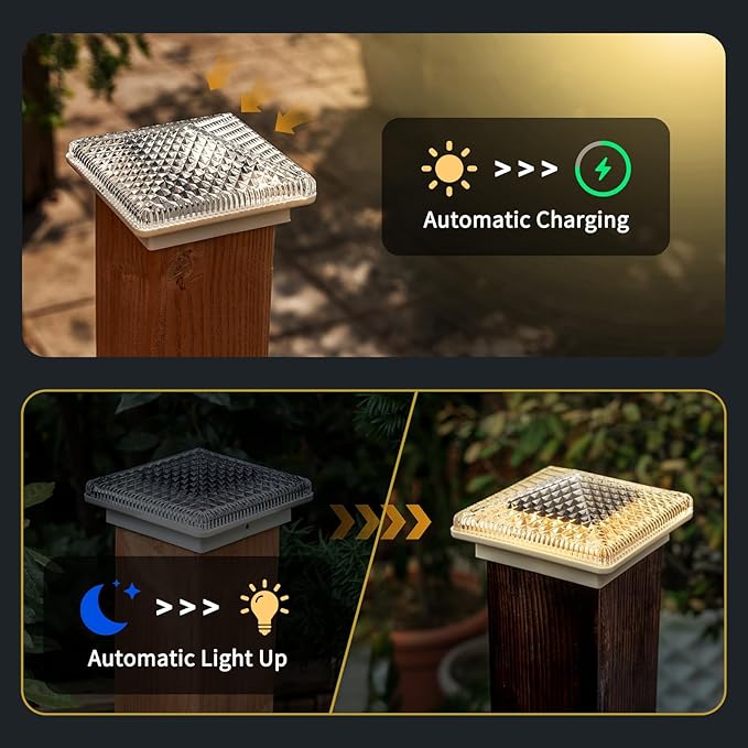 Glass Solar Post Cap Lights with Crystal Style - Decorative Deck Fence Lights for 4x4 5x5 Posts Hidden Solar Panel, Modular Design, 10Hr Runtime, IP65, Warm White, White, 4 Pack