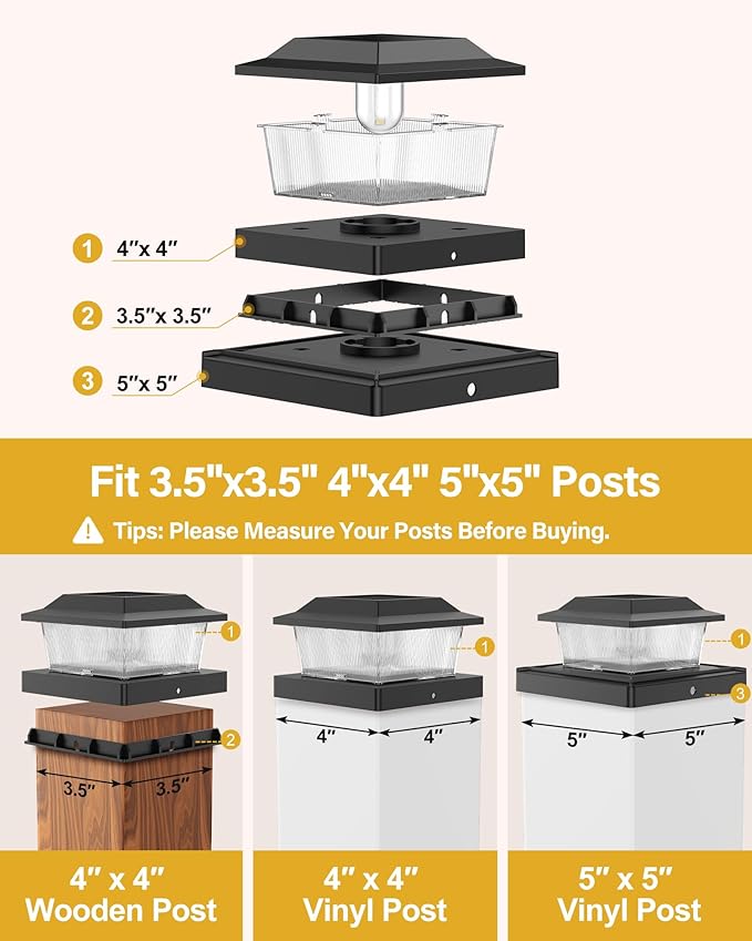 Solar Post Cap Lights Outdoor for 3.5x3.5 4x4 5x5 Wood/Vinyl Posts, 8 Pack Fence Post Solar Lights with Flickering Flame & Warm Modes for Deck/Garden/Patio, IP65 Waterproof - Black