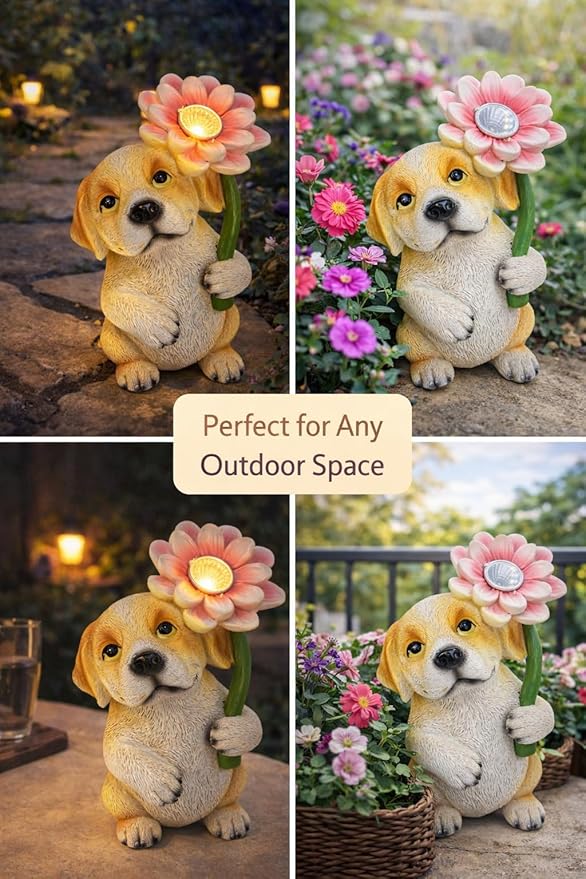 Solar Dog Garden Statue with LED Flower – Hand-Painted Resin Puppy Figurine, Solar Powered Outdoor Garden Decor, Auto On/Off Yard Light Gift (Puppy)