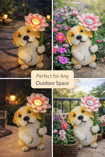 Solar Dog Garden Statue with LED Flower – Hand-Painted Resin Puppy Figurine, Solar Powered Outdoor Garden Decor, Auto On/Off Yard Light Gift (Puppy)