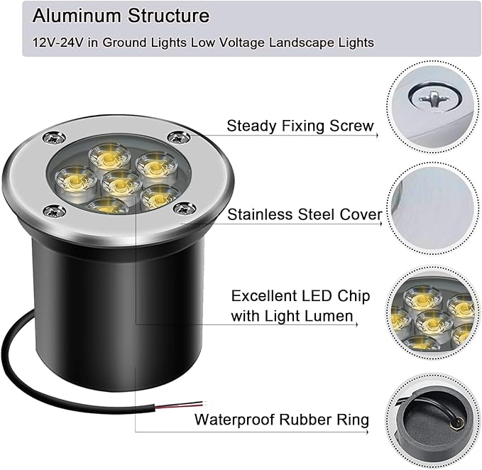 Low Voltage Landscape Light Outdoor In-Ground Well Lights with Connectors 6W 12V-24V IP67 Waterproof LED Landscape Lighting for Paver, Pathway Light Driveway Garden Lights (Warm White)