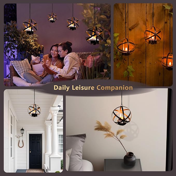 Solar Lanterns Outdoor Waterproof, 4 Pack Hanging Tea Lights with Candle Holder, Small Solar Chandelier for Trees, Patio, Backyard, Garden, Porch, Balcony Decorative (Armillary)