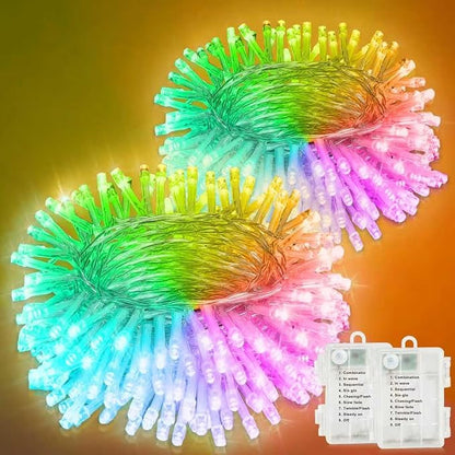 String Lights Outdoor with 8 Lighting Modes, 2 PCS 33FT 100 LEDs Fairy Lights Battery Operated with Timer, Twinkle Christmas Lights for Outside, Christmas, Holiday(Multicolor)