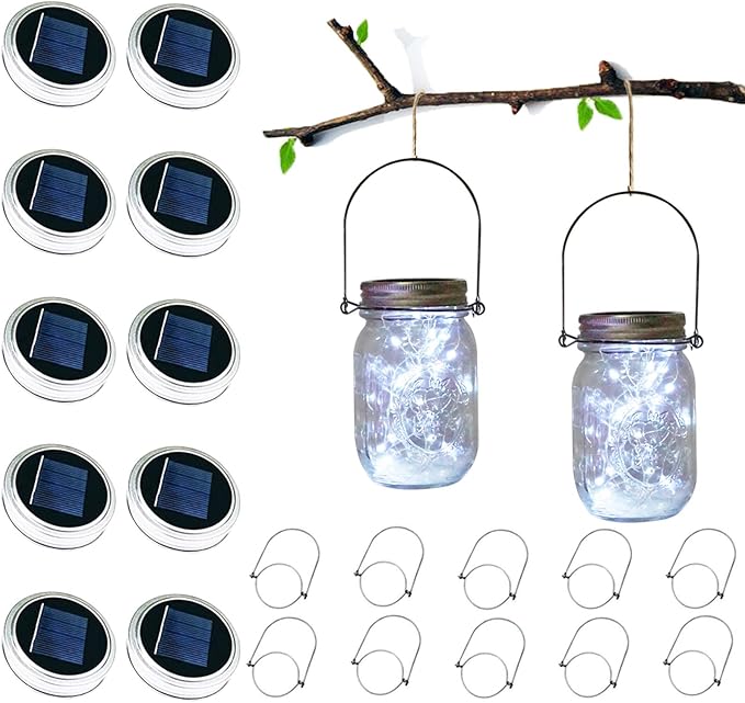 Solar Mason Jar Lid Lights, 10 Pack 30 LED Waterproof Firefly Fairy Lights with Hangers(No Jars), Outdoor Starry String Lights for Patio Yard Garden Wedding Lantern Decor (Cool White)