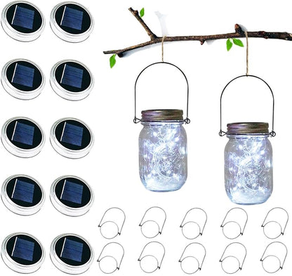 Solar Mason Jar Lid Lights, 10 Pack 30 LED Waterproof Firefly Fairy Lights with Hangers(No Jars), Outdoor Starry String Lights for Patio Yard Garden Wedding Lantern Decor (Cool White)