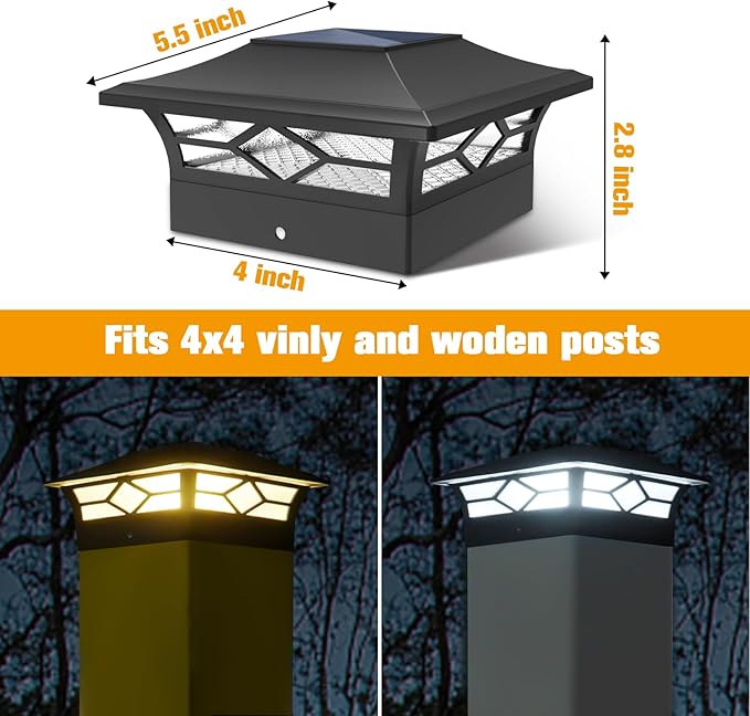 Solar Post Cap Lights Outdoor 6pack, Waterproof Solar Powered Deck Fence Post Lights for 4x4 Wood/Vinyl Posts, Solar Outdoor LED Light with Cool/Warm Lighting Decorate Garden Patio Porch…
