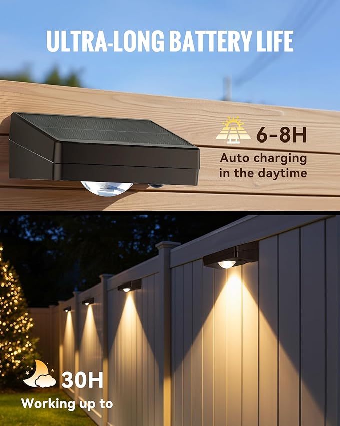 Solar Fence Lights Outdoor Waterproof, Fence Light Solar Powered with 3 Modes for Outside, Deck, Step, Yard, Stairs, Balcony, Patio, Railing (3000K/4500K/6500K, 12 Pack)