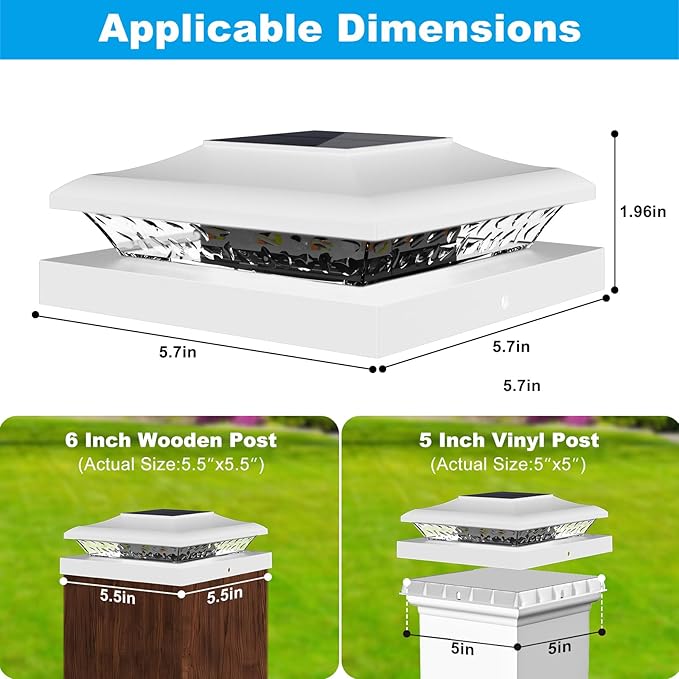 5x5 Solar Post Cap Lights Outdoor, 6 Pack 2 Modes (Warm/White Light) White Fence Post Solar Powered Deck Lights Waterproof for 5.5x5.5 Vinyl Posts Decorate Garden Deck Patio Porch