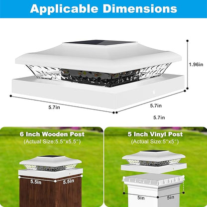 5x5 Solar Post Cap Lights Outdoor, 6 Pack 2 Modes (Warm/White Light) White Fence Post Solar Powered Deck Lights Waterproof for 5.5x5.5 Vinyl Posts Decorate Garden Deck Patio Porch