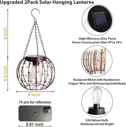 Hanging Solar Lanterns, Solar Lights Outdoor Waterpoof, Solar Chandelier with Warm White Led Bulb, Beaded Copper Wire Ball Shade Patio Garden Decor Lights for Tree Yard Pathway Wall Eave Pergola-2Pack