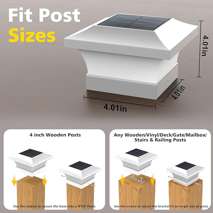 T-SUN Solar Post Cap Lights, Waterproof Outdoor Solar Powered Deck Fence Post Lights for 4 X 4 Wooden/Vinyl Posts, 6000K Cool White Lighting Decor for Deck, Patio, Garden, Porch, Fence(White - 6 Pack)