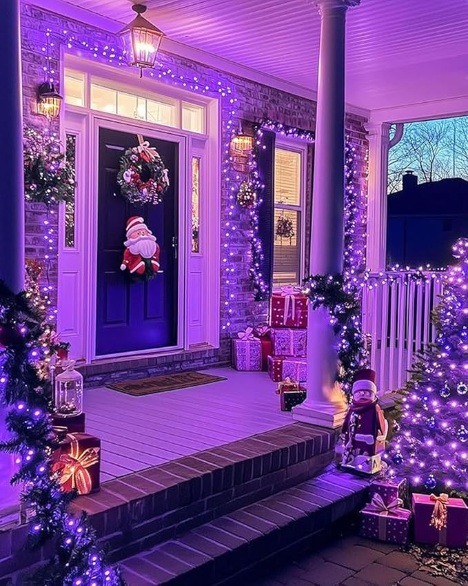 Christmas String Lights Battery Operated with Auto Timer, 33FT 100 LED Waterproof Purple Twinkle Lights, 8 Modes Fairy Lights for Indoor ＆ Outdoor Party Bedroom Garland Tree Yard Christmas Decorations