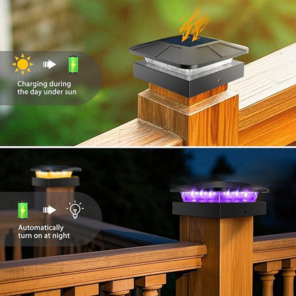 Peasur 4x4 Solar Post Lights Outdoor, 4 Packs Purple & Warm White LED Fence Caps Light Waterproof, Wood & Vinyl Post Top Lighting for Deck Mailbox Railing Porch Outside