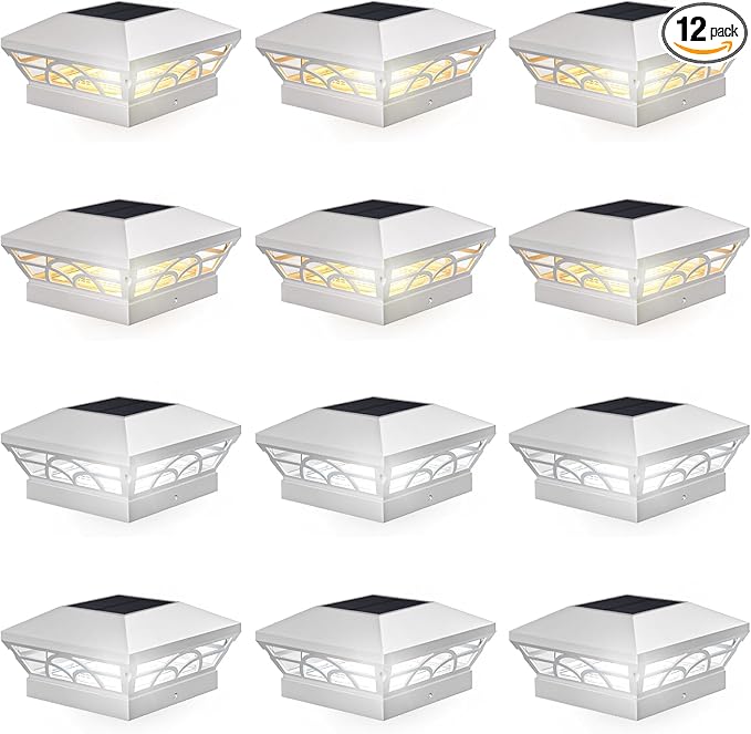 T-SUN Solar Post Cap Lights 12 Pack – Outdoor Waterproof Fence Lights for 3.5x3.5 4x4 5x5 5.5x5.5 Wood/Vinyl Posts, with 2 Brightness Modes Solar Deck Light for Patio, Garden, Porch(White)