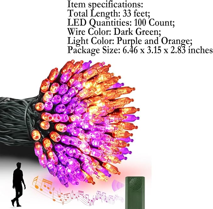 Tcamp Battery Operated Halloween Lights Motion Activated Sync with Music, 33FT 100 LED Orange Purple String Lights with Spooky Music for Outdoor Indoor Halloween Decor (6 Lighting Modes)