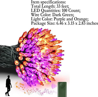 Tcamp Battery Operated Halloween Lights Motion Activated Sync with Music, 33FT 100 LED Orange Purple String Lights with Spooky Music for Outdoor Indoor Halloween Decor (6 Lighting Modes)