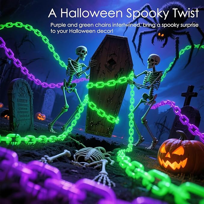 10Ft Purple Halloween Chain Lights Battery Operated with Timer, 8 Modes Halloween Decorations Indoor Outdoor, Waterproof Lighted Plastic Chains for Haunted House Party Cosplay Props Skeleton Dog