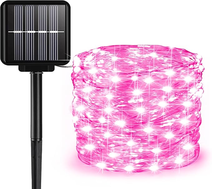 Solar String Lights Outdoor, 33 Feet 100 LEDs 8 Modes Solar Fairy Lights for Outside, Waterproof Outdoor Light for Patio Yard Christmas Tree Halloween Wedding Party Decorations, Pink