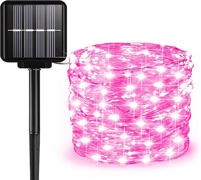 Solar String Lights Outdoor, 33 Feet 100 LEDs 8 Modes Solar Fairy Lights for Outside, Waterproof Outdoor Light for Patio Yard Christmas Tree Halloween Wedding Party Decorations, Pink