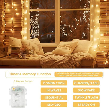 4 Pack Christmas String Lights Battery Operated with Timer, 66FT 200 LED Waterproof Twinkle Lights, 8 Modes Fairy Light for Indoor and Outdoor Bedroom Garland Tree Christmas Decorations (Warm White)