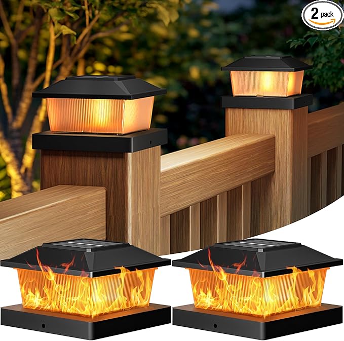 btfarm 4x4 Solar Flame Post Cap Lights Outdoor, 2 Pack Flickering Flame Deck Fence Post Lights, Waterproof Solar Powered Lighting Outside Fit 4x4 3.5x3.5 Wooden/Vinyl for Porch Patio Garden, Black Cap