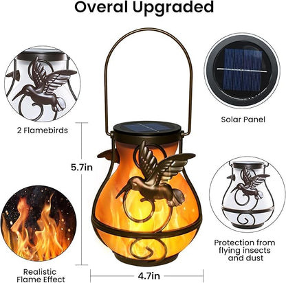 2 Pack Solar Lanterns Outdoor Waterproof, Hanging Hummingbird Flickering Flame Light Garden Decor Hanging Lights Decorative for Outside Patio Pathway Yard Christmas Birthday Gifts