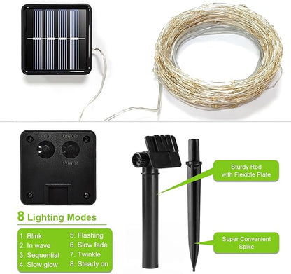 Solar String Lights Outdoor, 33 Feet 100 LEDs 8 Modes Solar Fairy Lights for Outside, Waterproof Outdoor Light for Patio Yard Christmas Tree Halloween Wedding Party Decorations, Cool White