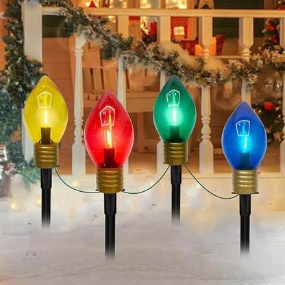 Jumbo C9 Christmas Pathway Lights Outdoor, 2 Pack 7Ft Christmas Decorations String Lights with 8 LED Jumbo Multicolor Bulb Marker Stakes Lights for Outdoor Walkway Lawn Yard Garden