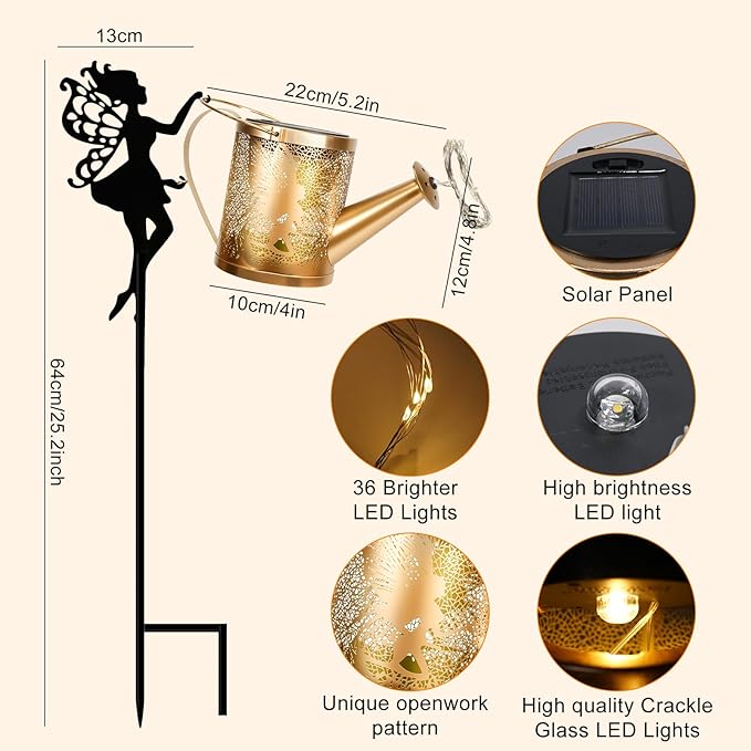 Solar Garden Fairy Watering Can Lights Outdoor IP65 Waterproof Watering Can Hanging Lanterns Garden Decor, Solar Powered LED Patio Yard Pathway Lights Fairy Gardening Gifts for Mom Women Birthday