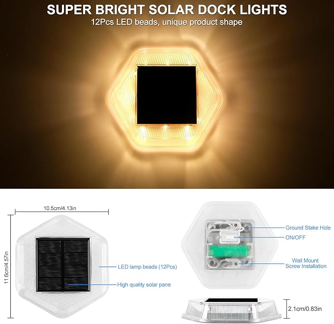 Solar Deck Lights Dock Step Lights- 4 Packs Waterproof 1200mAh Auto ON/Off LED Solor Powered Stair Lighting for Outdoor Garden, Patio, Pathway, Walkway, Driveway (Warm White)