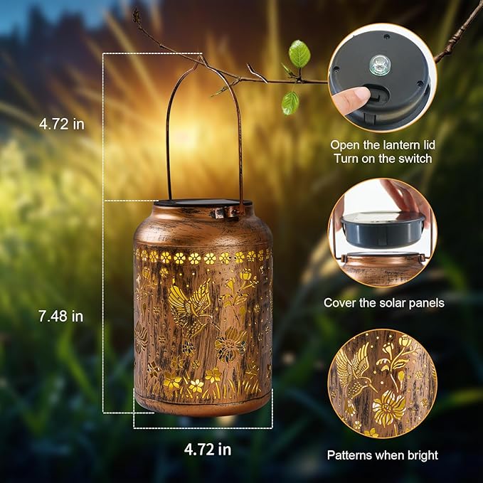 Hummingbird Lantern Solar Outdoor, Chrismas Gifts, Solar Light Outdoor Waterproof LED Decorative Garden for Lawn, Landscape, Patio, Porch Hanging Lantern for Women, Ladies, Mom, Grandma