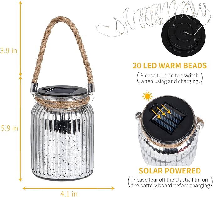 Hanging Solar Lantern Outdoor,Solar Lights Mercury Mason Jar Glass Hanging Lights with 20 LED Waterproof for Tree, Table, Yard, Garden, Patio, Holiday Party Outdoor Decor,2 Pack