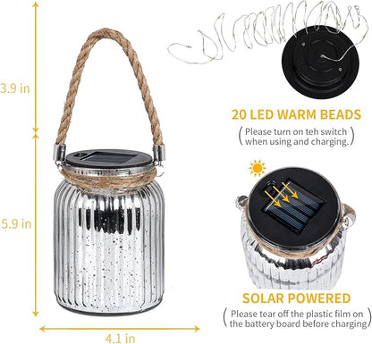Hanging Solar Lantern Outdoor,Solar Lights Mercury Mason Jar Glass Hanging Lights with 20 LED Waterproof for Tree, Table, Yard, Garden, Patio, Holiday Party Outdoor Decor,2 Pack