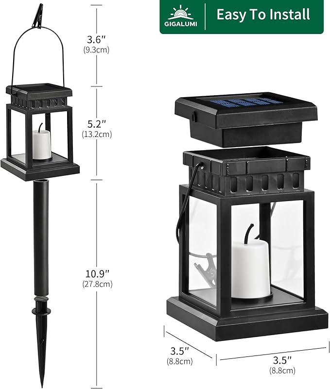 GIGALUMI 8 Pack Solar Hanging Lantern Outdoor, Candle Effect Light with Stakes for Garden, Patio, Lawn, Deck, Umbrella, Tent, Tree, Yard, Driveway-Warm White
