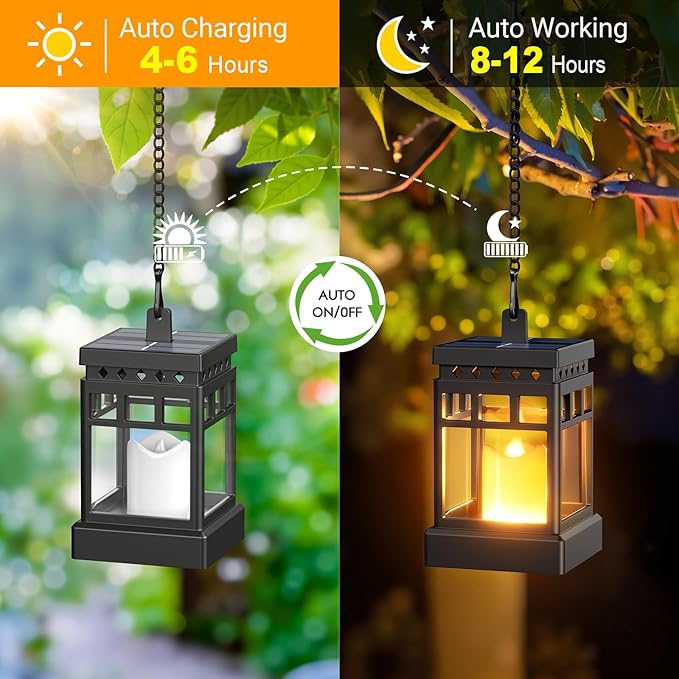 KOOPER Solar Lanterns Outdoor Waterproof, 2 Modes Hanging Solar Lantern with LED Realistic Flickering Flameless Candle, Candles Lanterns Lights Decorative for Outside Hanging Patio Yard Table Tree