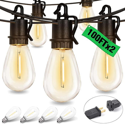 200FT Outdoor String Lights with 104 Shatterproof S14 Vintage Edison Bulbs E12 Sockets,2700K Dimmable Outdoor Lights,IP55 Waterproof LED String Lights for Outside, Patio, Garden, Backyard,Bistro