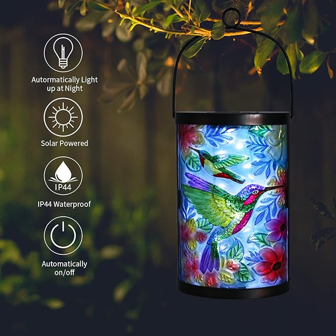 Afirst Solar Lantern Outdoor Hanging Glass Peacock Lights Waterproof Solar Lamp for Garden Yard Tree Desk Decor