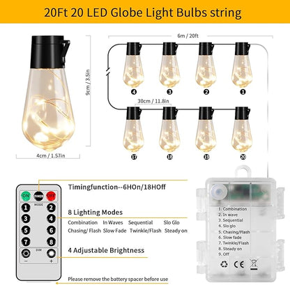20 Hanging Bulb Battery Operated String Lights, 14FT 100 LED Vintage Bulbs Battery Outdoor Lights, Waterproof Indoor Outdoor Lights for Patio, Classroom, Home, Tent, Wedding, Party, Farmhouse Decor