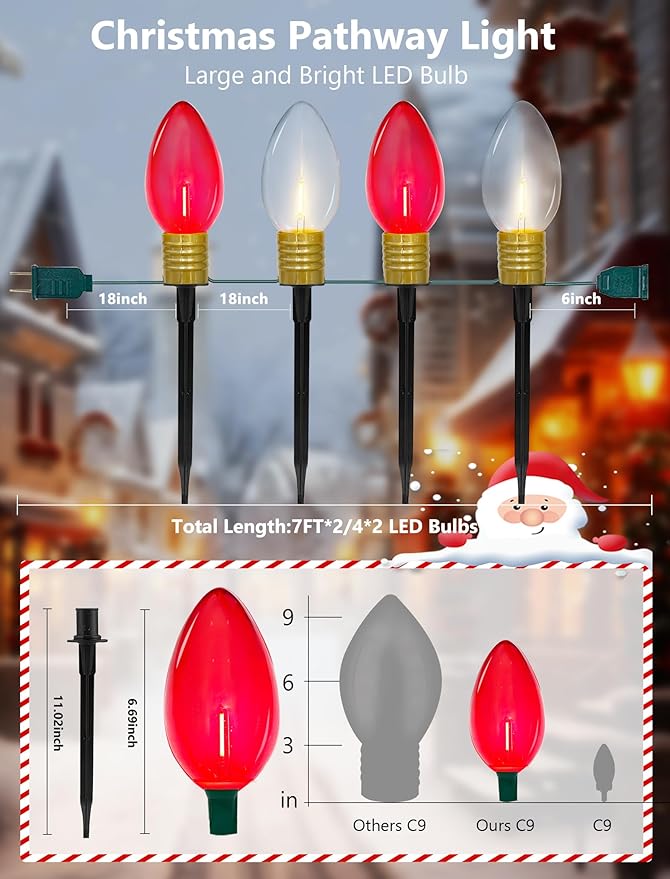 2 Pack Jumbo Red and White C9 Christmas Pathway Lights, 14ft Outdoor Decorative Lights with Energy-Efficient LED Bulbs, Waterproof for Yard, Garden, Porch, and Walkway - UL Listed
