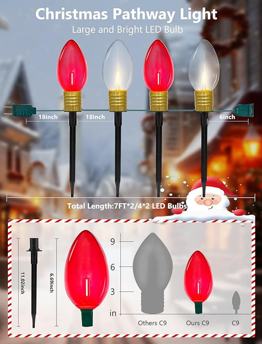 2 Pack Jumbo Red and White C9 Christmas Pathway Lights, 14ft Outdoor Decorative Lights with Energy-Efficient LED Bulbs, Waterproof for Yard, Garden, Porch, and Walkway - UL Listed