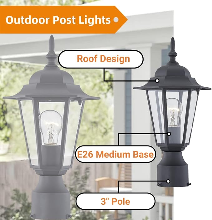 WISBEAM 2 Packs Outdoor Post Light, Pole Lantern, E26 Base 60W Max, Aluminum Housing Plus Glass, Wet Location Rated, ETL Qualified, Bulbs not Included, Black