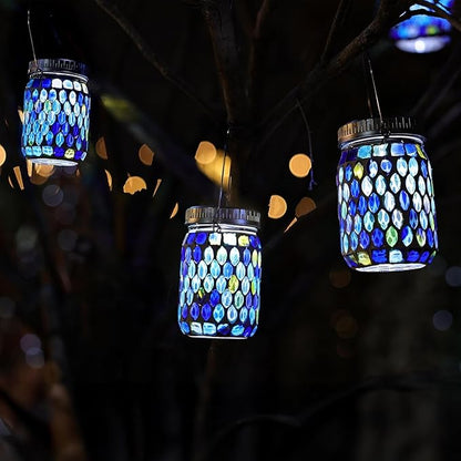 Cooo 4 Pack Mosaic Lanterns Outdoor Waterproof with 215% Larger Solar Panel, Never Rust Lids, True Capacity Battery- Solar Mason Mosaics Jar Lantern for Patio Garden Yard Balcony Christmas Decorations