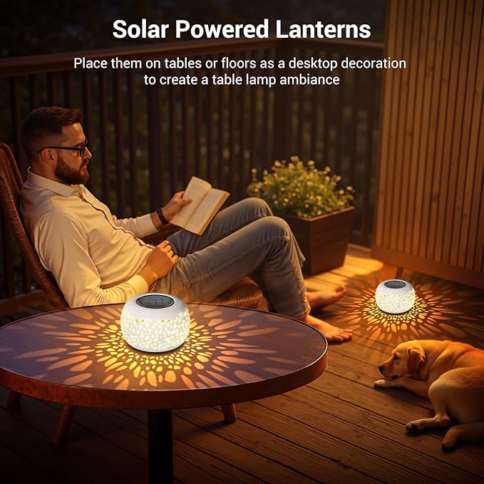 Solar Lanterns Outdoor Waterproof Lights: 2Pack White Hollow Out Metal Table Light, Outside Garden Yard Balcony Indoor Tabletop Lighting Decorations, Unique Gardening Gifts for Women Mom